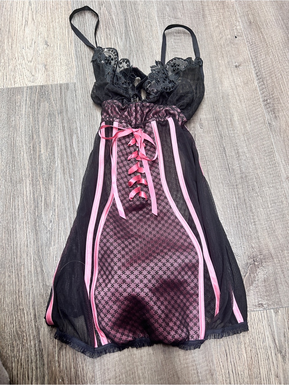 Shirley of Hollywood Black and Pink Lace-Trim Lingerie Chemise